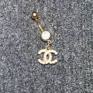 Gold toned stainless steel pearl accent Logo Belly Button Ring w/ white rhine